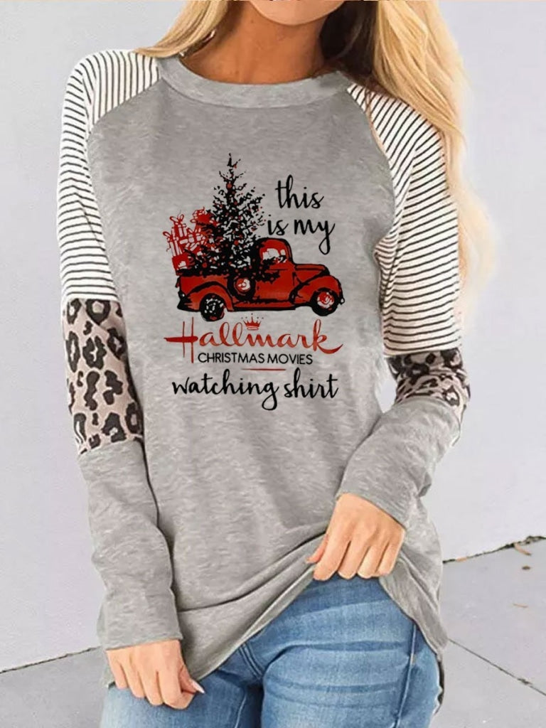 Hallmark Christmas Movies Watching Leopard Splicing Striped T-Shirt Grey / S T-Shirt
