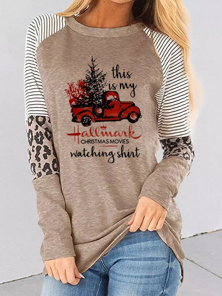 Hallmark Christmas Movies Watching Leopard Splicing Striped T-Shirt Khaki / S T-Shirt