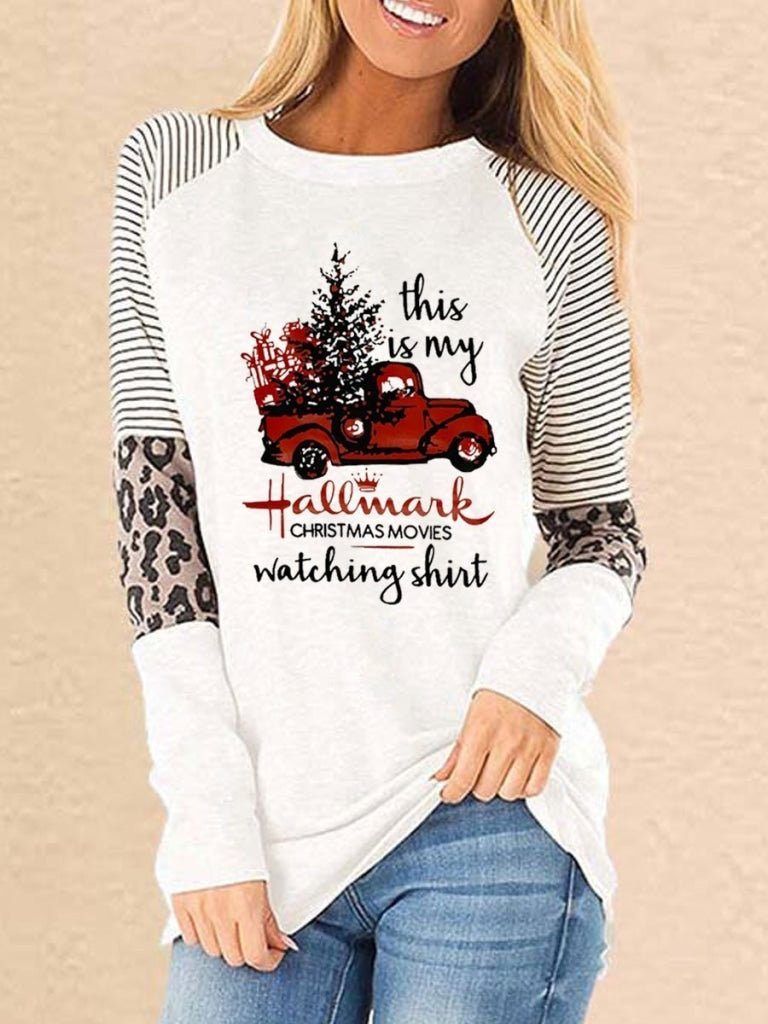 Hallmark Christmas Movies Watching Leopard Splicing Striped T-Shirt White / S T-Shirt