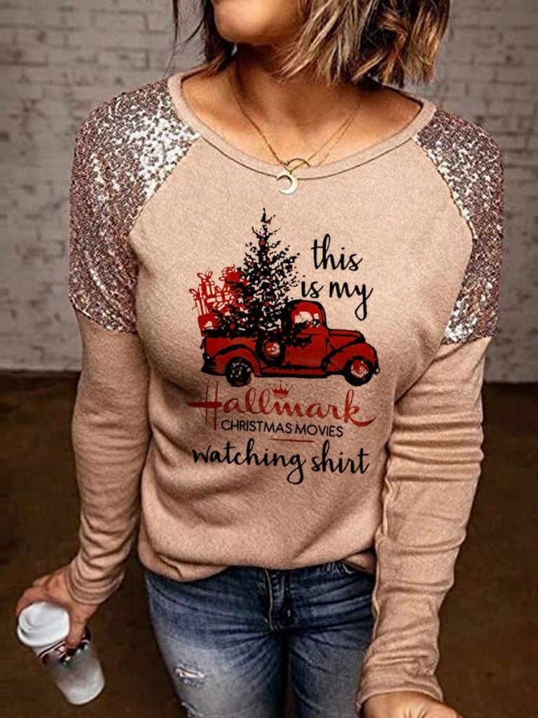 Hallmark Christmas Movies Watching Sequined Splicing T-Shirt Khaki / S T-Shirt