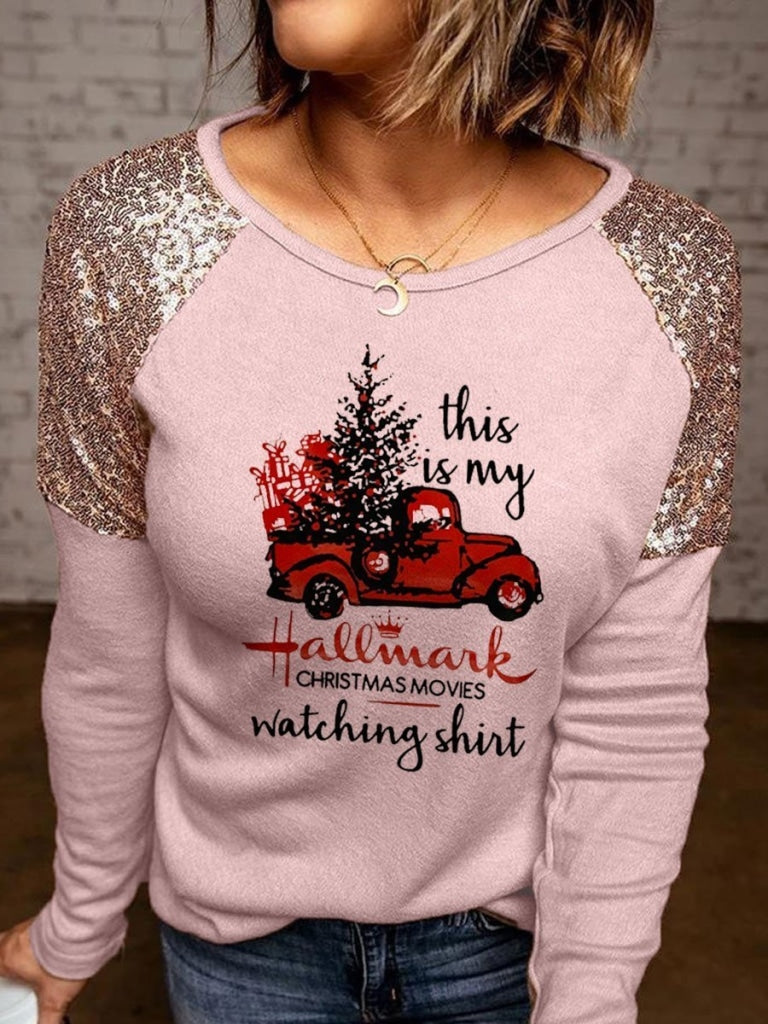 Hallmark Christmas Movies Watching Sequined Splicing T-Shirt Pink / S T-Shirt