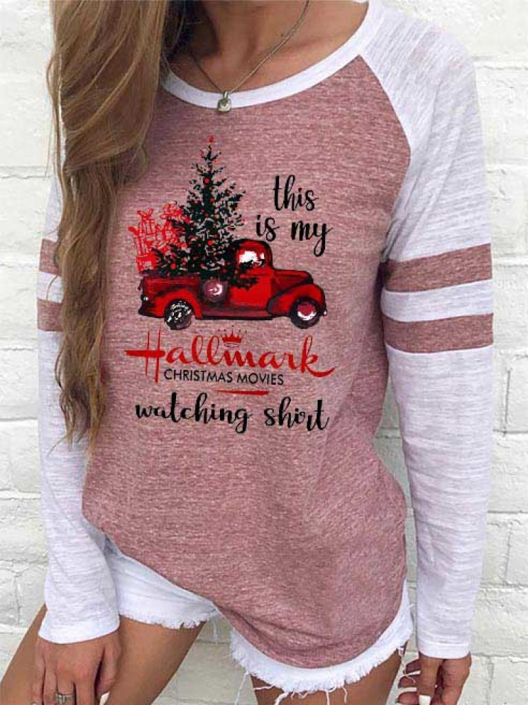 Hallmark Christmas Movies Watching Shirt Striped Detail Baseball T-Shirt Pink / S
