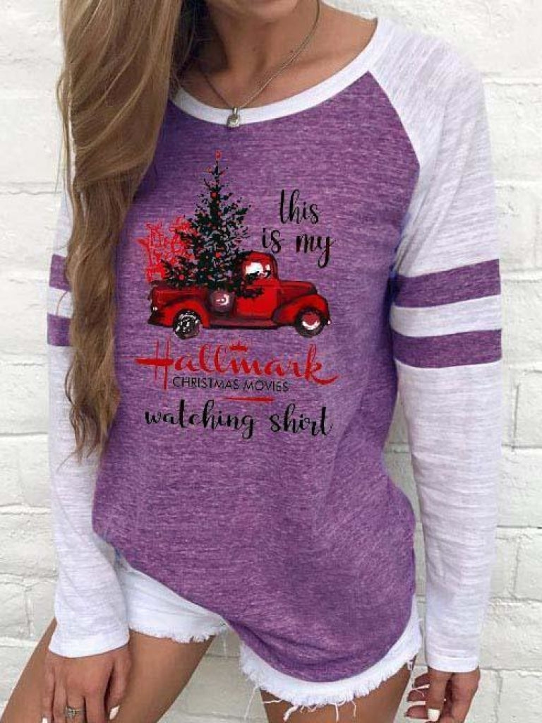 Hallmark Christmas Movies Watching Shirt Striped Detail Baseball T-Shirt Purple / S