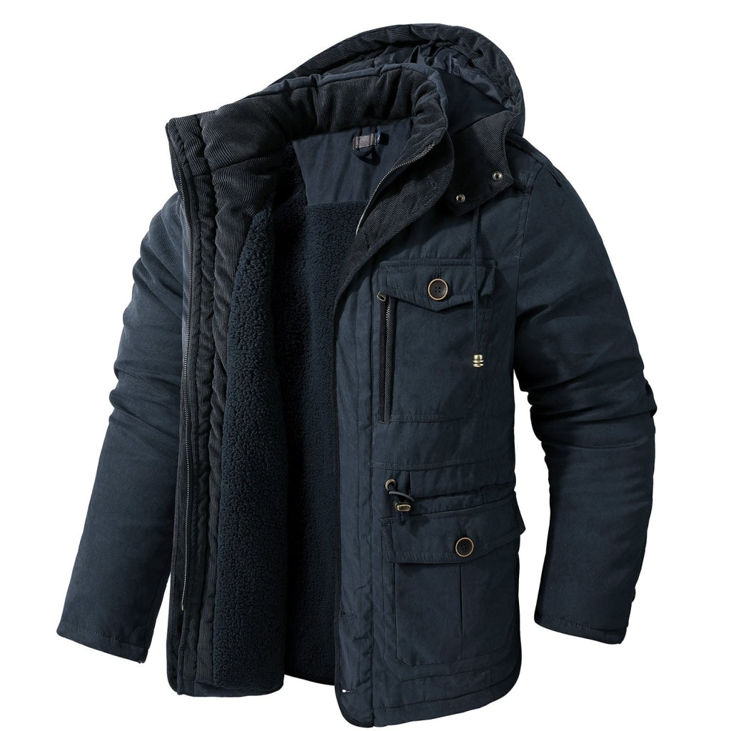 Mens Cashmere Hooded Thickened Multi Pocket Coat Padded Jacket Blue / S Standard Tops