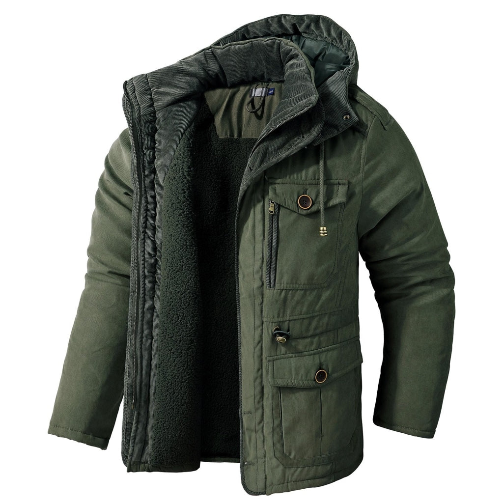 Mens Cashmere Hooded Thickened Multi Pocket Coat Padded Jacket Green / S Standard Tops