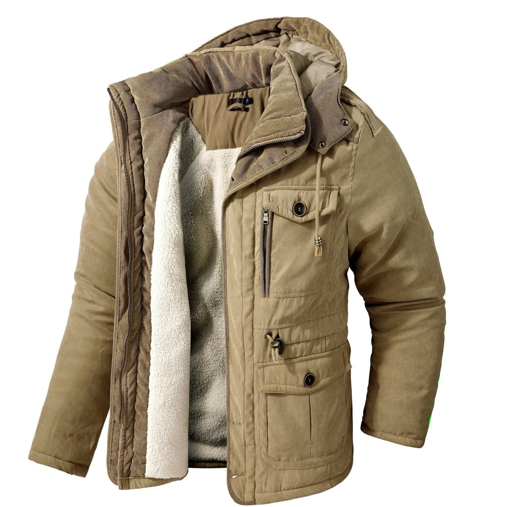Mens Cashmere Hooded Thickened Multi Pocket Coat Padded Jacket Khaki / S Standard Tops