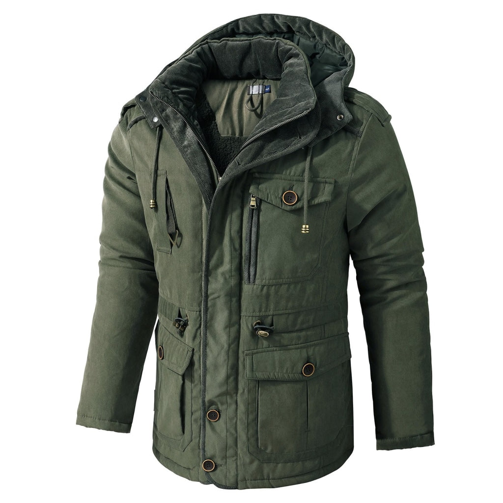Mens Cashmere Hooded Thickened Multi Pocket Coat Padded Jacket Standard Tops