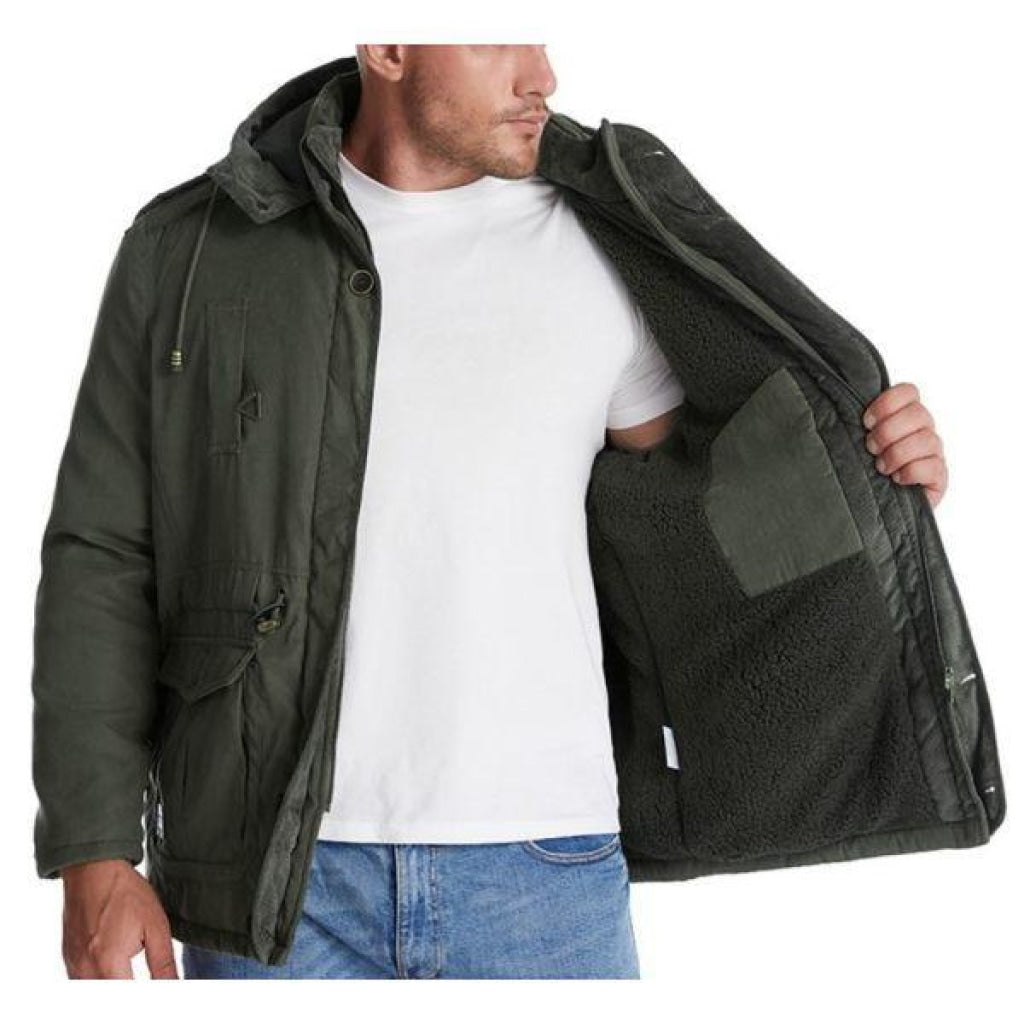 Mens Cashmere Hooded Thickened Multi Pocket Coat Padded Jacket Standard Tops