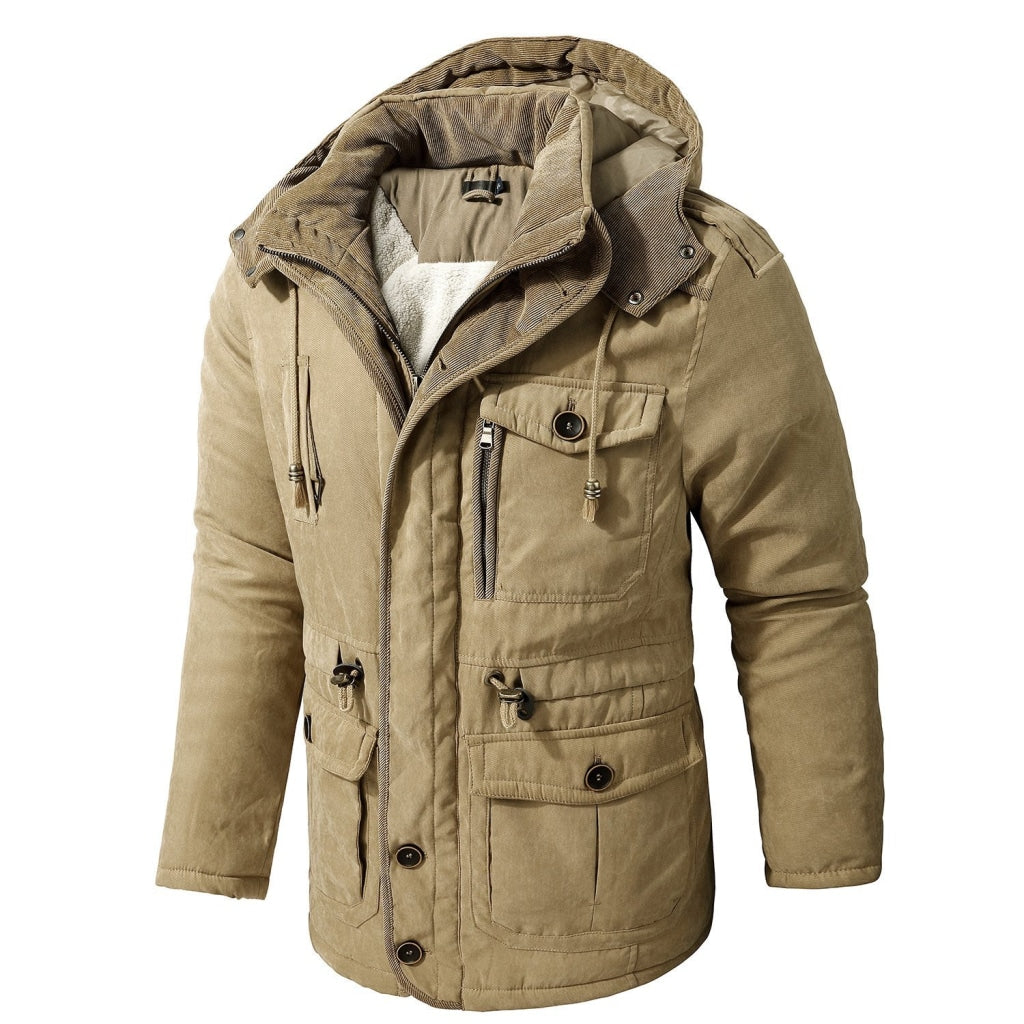 Mens Cashmere Hooded Thickened Multi Pocket Coat Padded Jacket Standard Tops