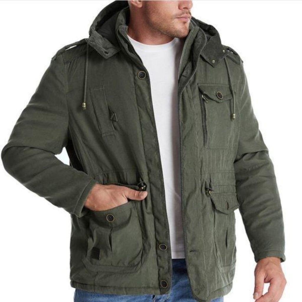 Mens Cashmere Hooded Thickened Multi Pocket Coat Padded Jacket Standard Tops