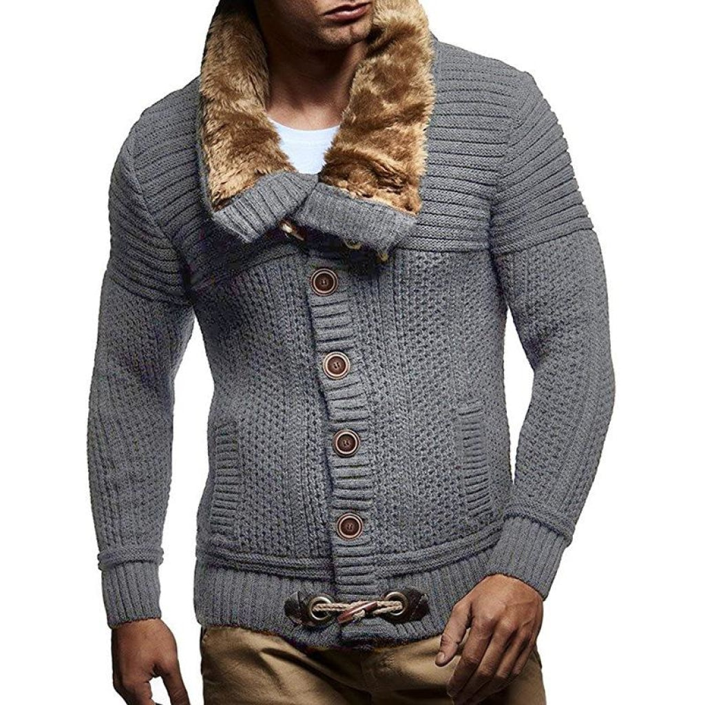 Mens Solid Color Long Sleeved Knitted Turtleneck Fur Collar
