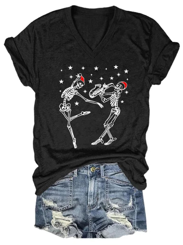 Women Christmas Dancing Ballet Santa Skeleton Paying Saxophone T-Shirt Black / L T-Shirt