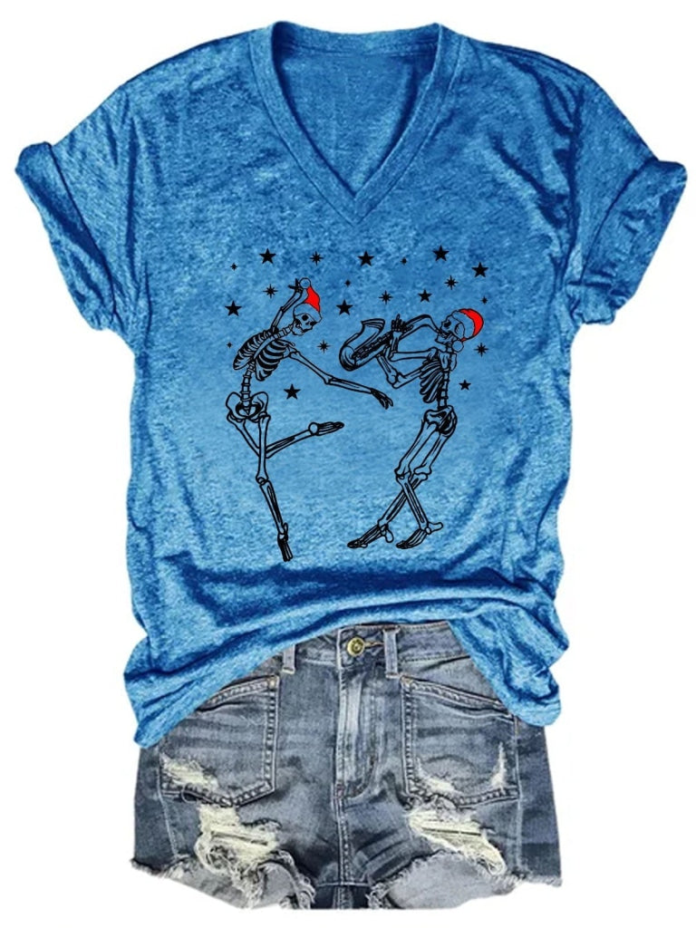 Women Christmas Dancing Ballet Santa Skeleton Paying Saxophone T-Shirt Blue / S T-Shirt