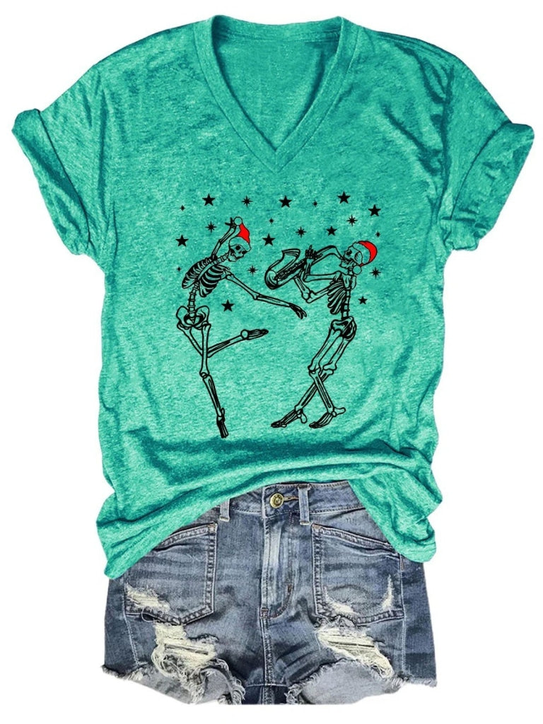 Women Christmas Dancing Ballet Santa Skeleton Paying Saxophone T-Shirt Green / S T-Shirt