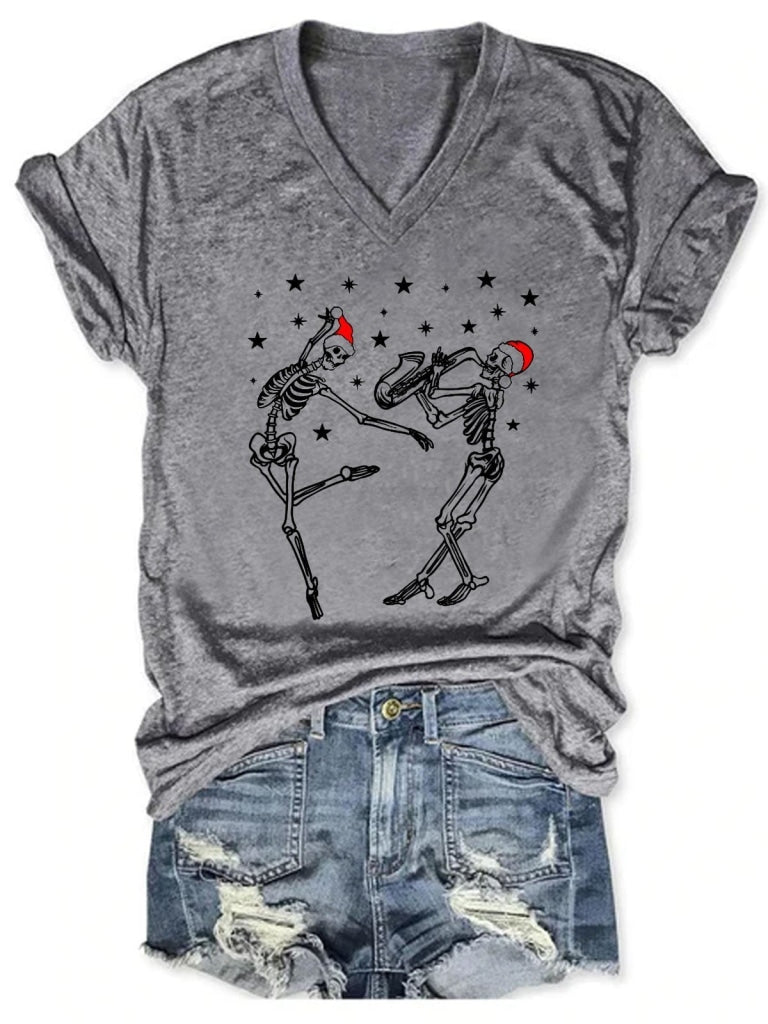 Women Christmas Dancing Ballet Santa Skeleton Paying Saxophone T-Shirt Grey / S T-Shirt