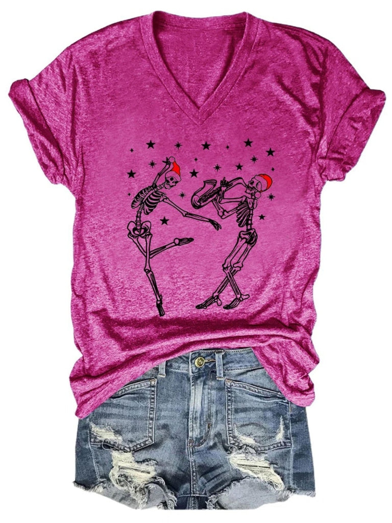 Women Christmas Dancing Ballet Santa Skeleton Paying Saxophone T-Shirt Rose / 2Xl T-Shirt