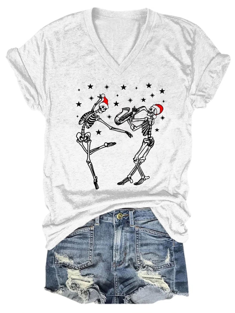 Women Christmas Dancing Ballet Santa Skeleton Paying Saxophone T-Shirt White / L T-Shirt