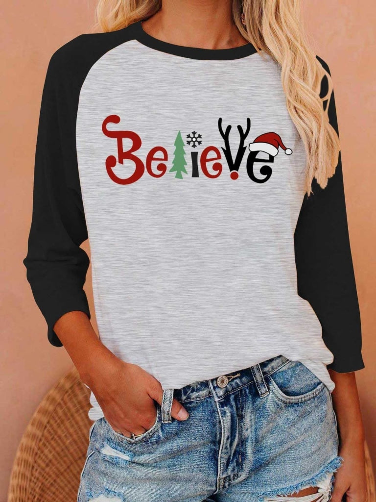 Womens Christmas Believe Long Sleeve T-Shirt Black / S T-Shirt