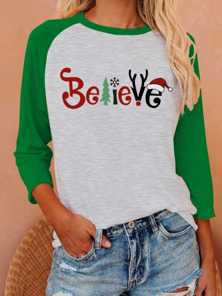 Womens Christmas Believe Long Sleeve T-Shirt Green / S T-Shirt