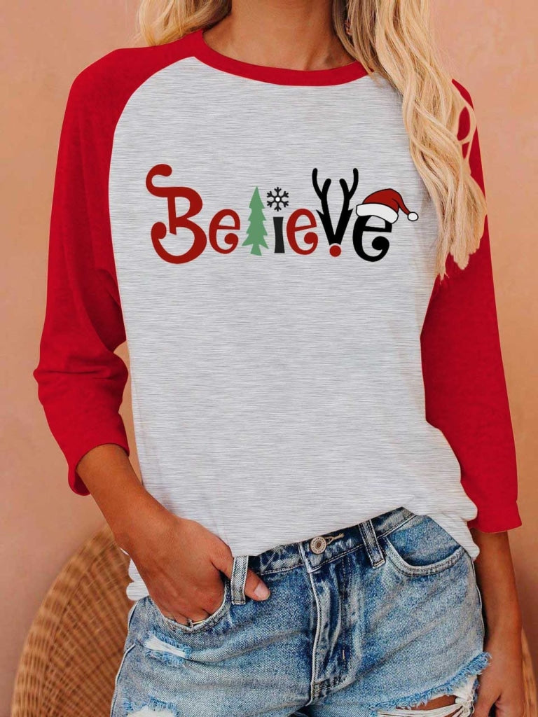 Womens Christmas Believe Long Sleeve T-Shirt Red / S T-Shirt
