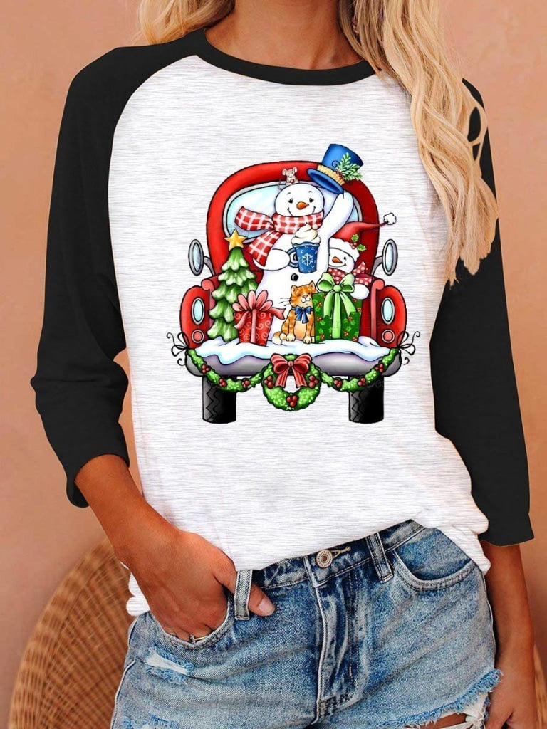 Womens Christmas Snowman Long Sleeved T-Shirt Black / S Sleeve