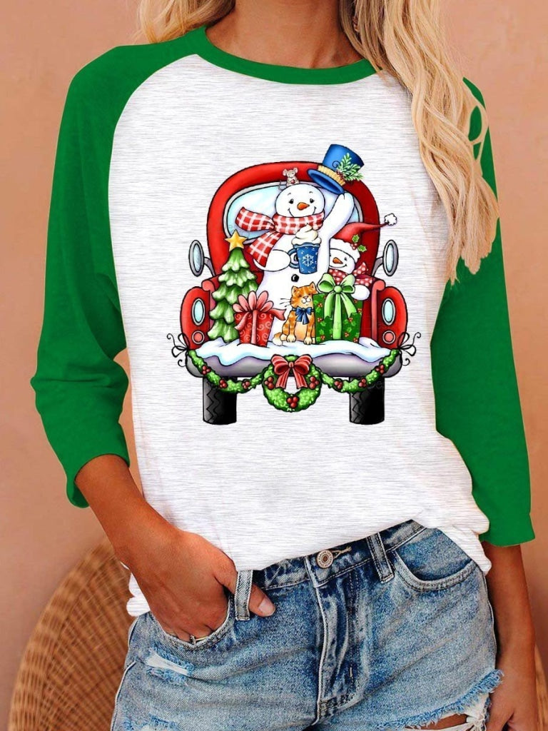 Womens Christmas Snowman Long Sleeved T-Shirt Green / S Sleeve