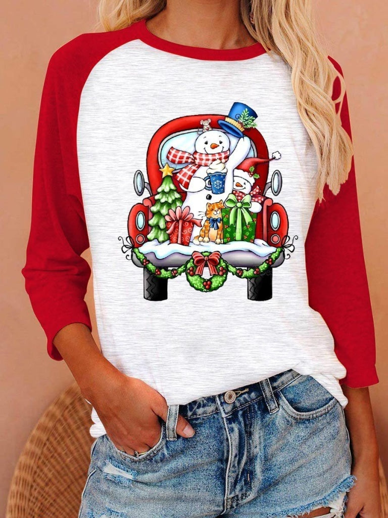 Womens Christmas Snowman Long Sleeved T-Shirt Red / S Sleeve