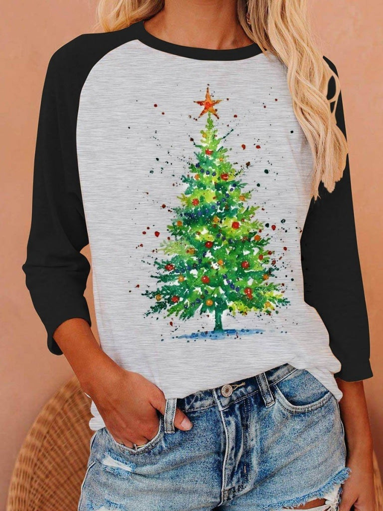 Womens Christmas Tree Crew Neck Contrast Long Sleeved T-Shirt Black / S Sleeve