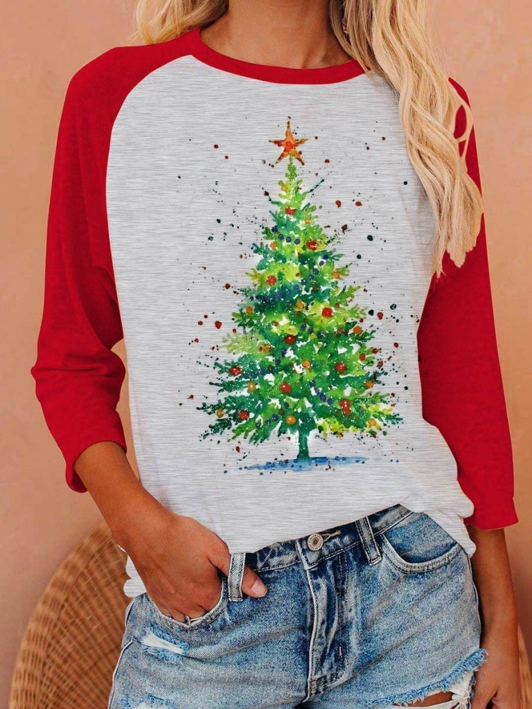 Womens Christmas Tree Crew Neck Contrast Long Sleeved T-Shirt Red / S Sleeve