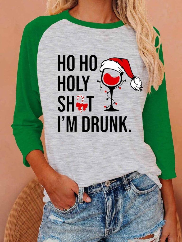 Womens Ho Holy Shit Im Drunk Christmas Long Sleeve T-Shirt Green / S