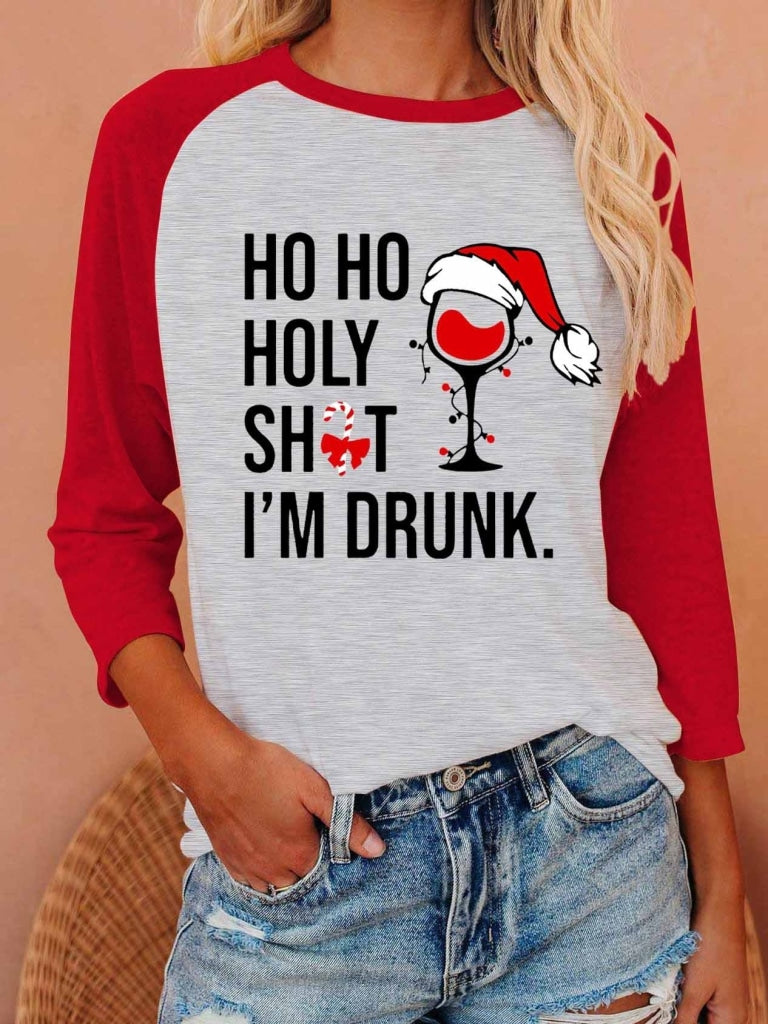 Womens Ho Holy Shit Im Drunk Christmas Long Sleeve T-Shirt Red / S