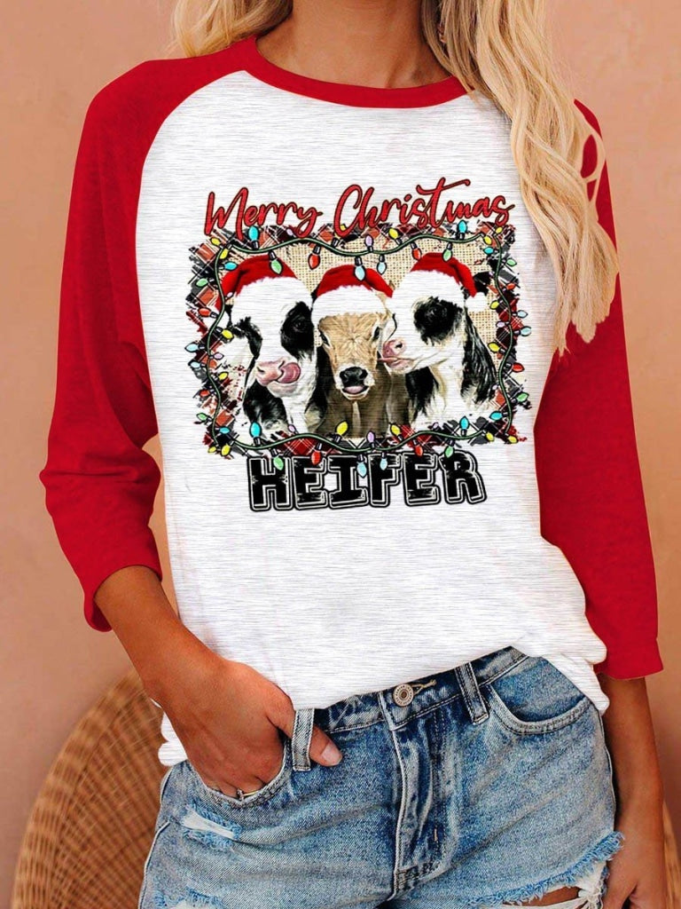 Womens Merry Christmas Heifers Long Sleeved T-Shirt Red / S Sleeve