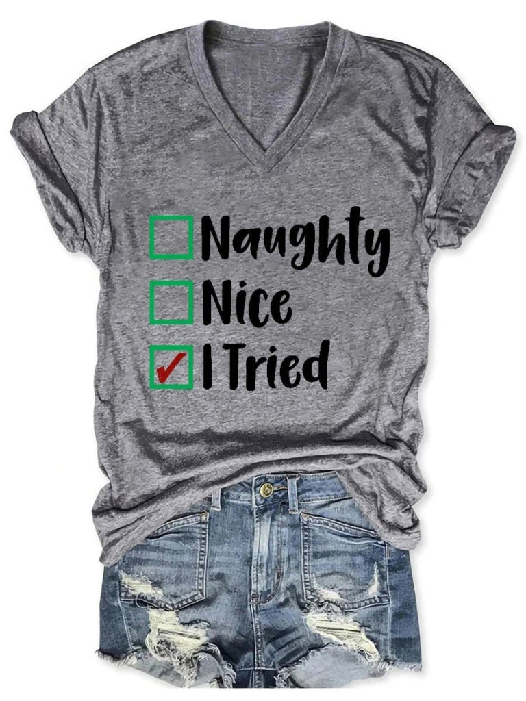 Womens Naughty Nice I Tried Christmas V-Neck T-Shirt Grey / S