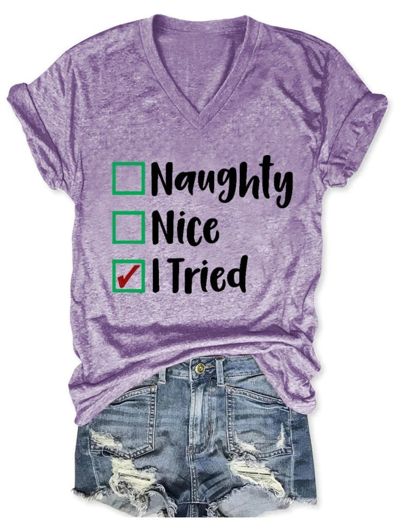 Womens Naughty Nice I Tried Christmas V-Neck T-Shirt Purple / S