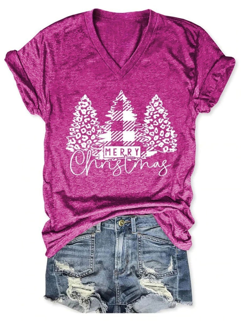 Womens White Christmas Trees V-Neck T-Shirt Rosered / S